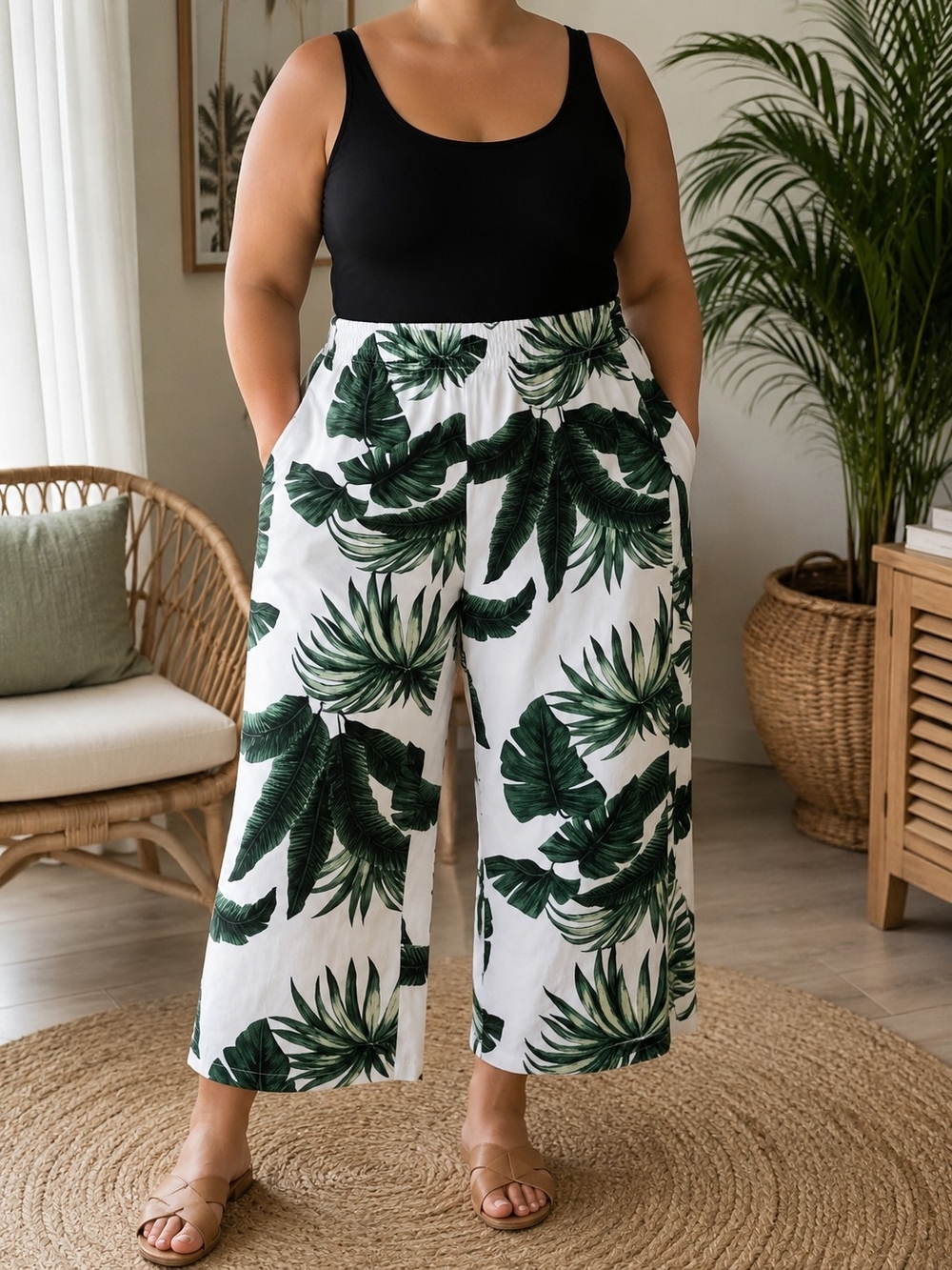 Tropical Palm Leaf Linen Blend Wide Leg Crop Pants Resort Beach XXL Tropical